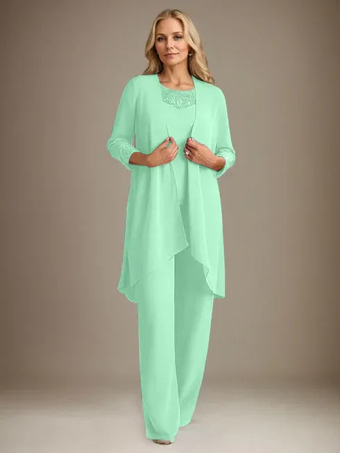Chiffon Kleid mit Rundhalsausschnitt und langen Ärmeln, Mutter-der-Braut Hosenanzug mit Jacke