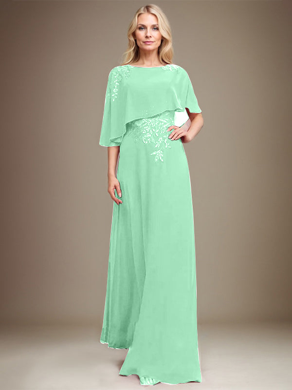 A-Linie Rundhals Bodenlanges Chiffon-Spitzenkleid für die Brautmutter mit Pailletten und Perlen