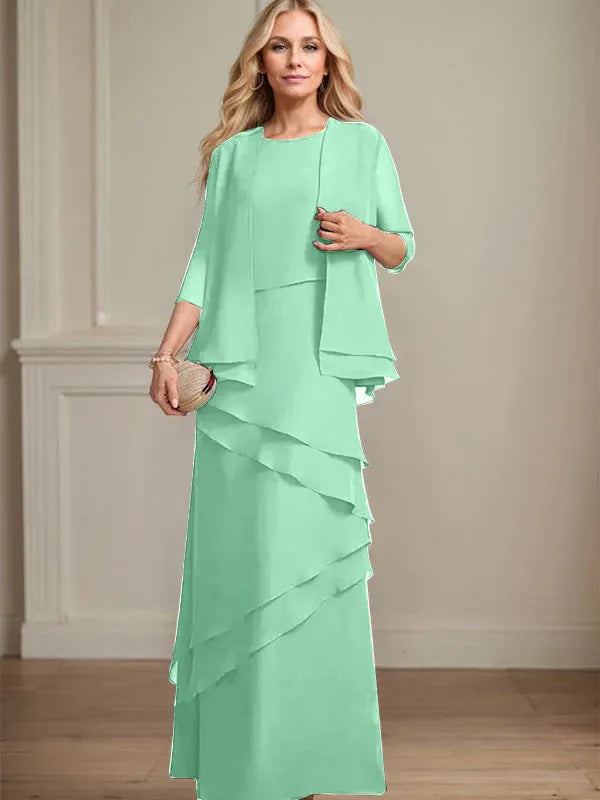 Abito da madre della sposa in chiffon a colonna con scollatura a U e lunghezza fino a terra