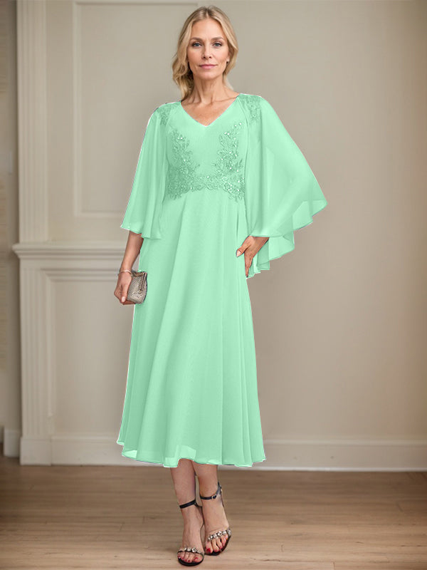 A-Linien-Brautmutterkleid aus Chiffon, V-Ausschnitt, tea-length mit Spitze, Pailletten und Perlen