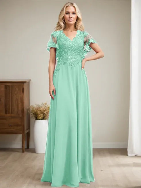 A-Linien V-Ausschnitt Bodenlanges Spitzen-Chiffon Kleid für die Brautmutter mit Pailletten