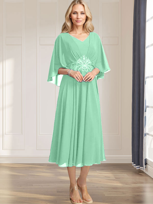 Robe de mère de la mariée en mousseline, longueur thé, col en V, en ligne A, avec appliques plissées, sequins, dentelle et perles