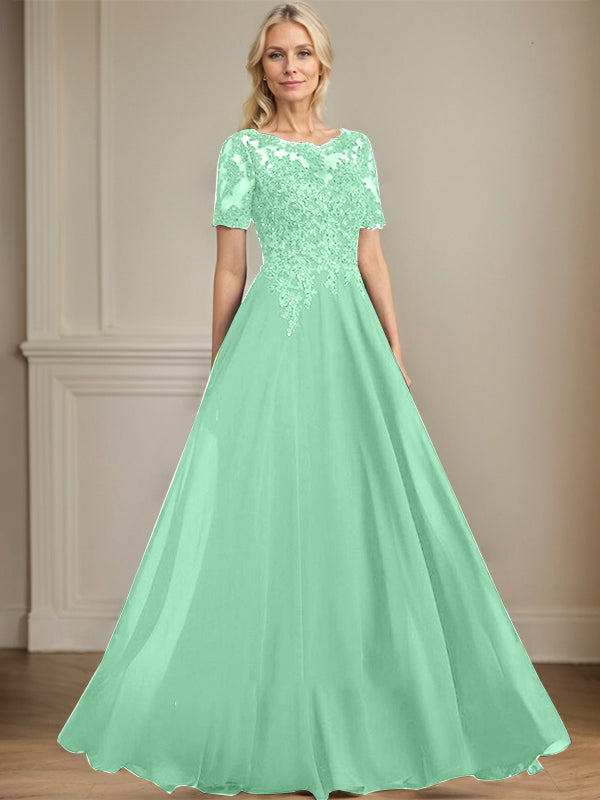 A-Linien Rundhals Illusions-Bodenlanges Chiffon-Spitzenkleid für die Mutter der Braut mit Pailletten und Perlen