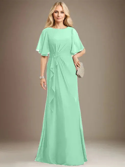 A-Linien Rundhals bodenlanges Chiffon Mutter der Braut Kleid mit kaskadierenden Rüschen Perlen Pailletten