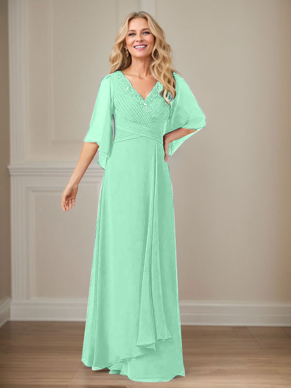 A-Linien V-Ausschnitt langes Pailletten-Chiffon Mutterkleid