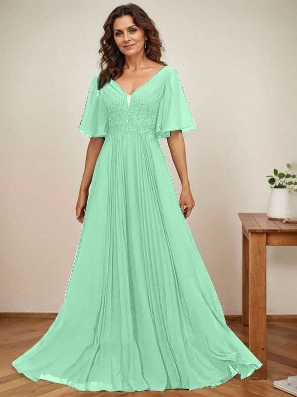 A-Linien V-Ausschnitt bodenlanges Chiffon Mutterkleid der Braut mit Pailletten-Applikationen, Spitze und Falten