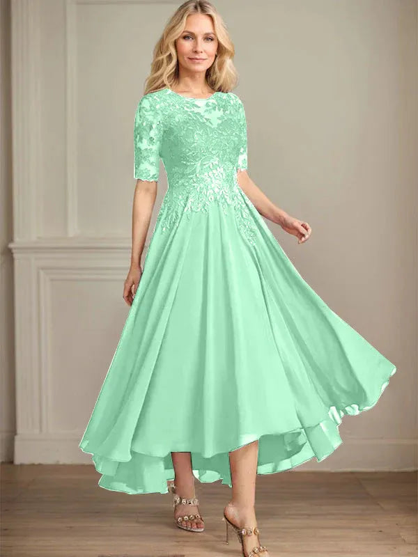 A-Linien Scoop-Ausschnitt Illusion asymmetrisches Chiffon-Spitzen-Mutter-der-Braut-Kleid mit Pailletten