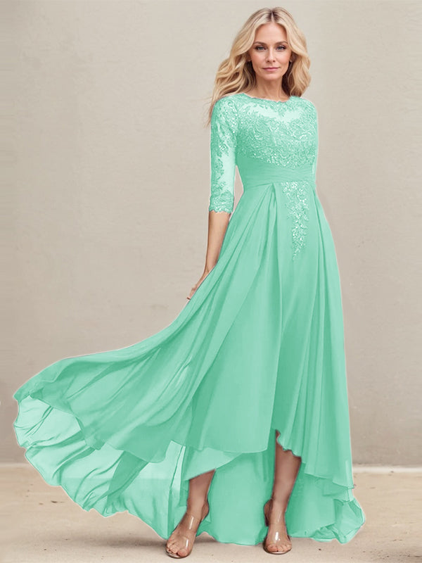 A-Linien Ausschnitt Illusions Asymmetrisches Spitzen-Chiffon Kleid für die Mutter der Braut mit plissierten Pailletten