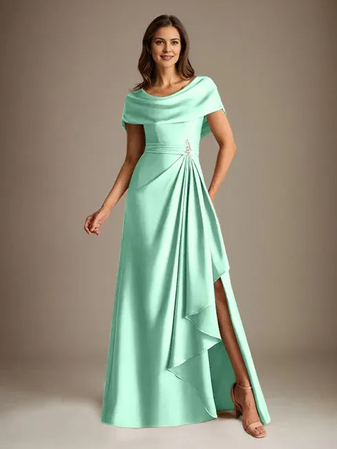 A-Linien-Kleid mit Rundhalsausschnitt, bodenlang, aus Stretch-Satin, Brautmutterkleid mit fallenden Rüschen