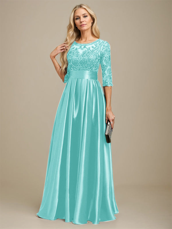 A-Linien Ausschnitt Illusions bodenlanges Stretch-Satin-Spitzenkleid für die Brautmutter mit Schleife und Pailletten