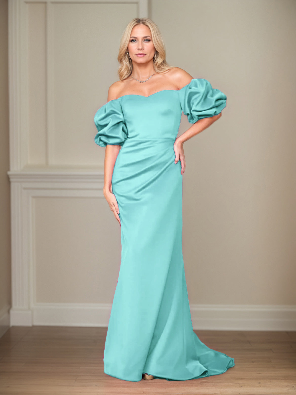 Satin Etuikleid/Säulenkleid mit schulterfreiem Puffärmel, bodenlang, Mutter der Braut Kleid