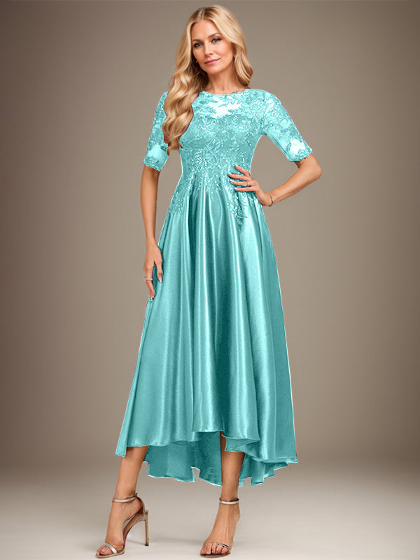 A-Linie Rundhalsausschnitt Illusion Asymmetrisches Stretch-Satin-Spitzen-Brautmutterkleid mit Pailletten