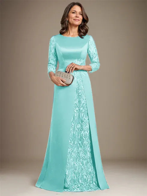 Vestido de madre de la novia largo hasta el suelo con encaje, satén, línea A, escote redondo y aplicaciones