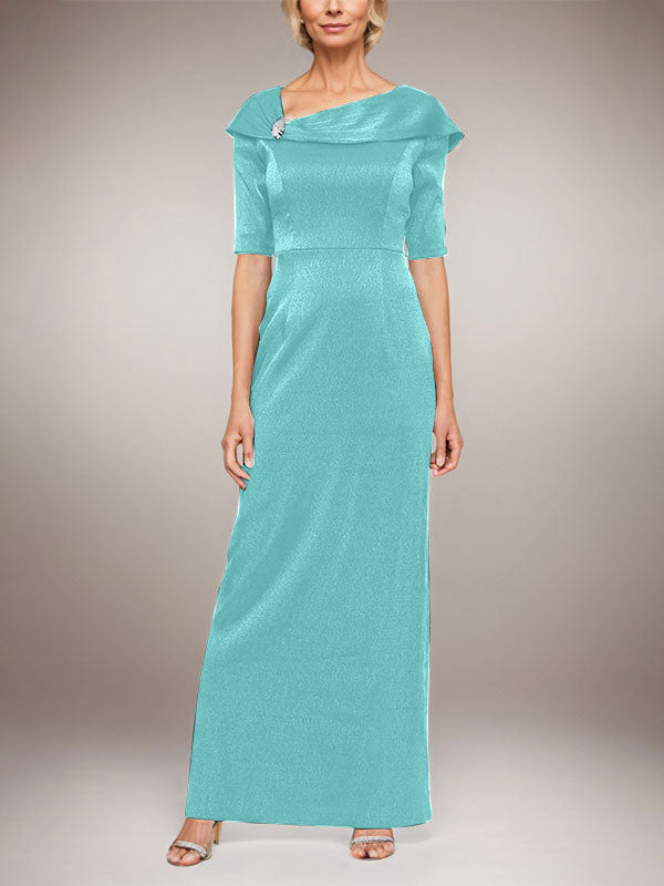 Langes schimmerndes Säulenkleid mit umgeschlagenem Ärmelbündchen, L-Ausschnitt und Ellbogenärmeln
