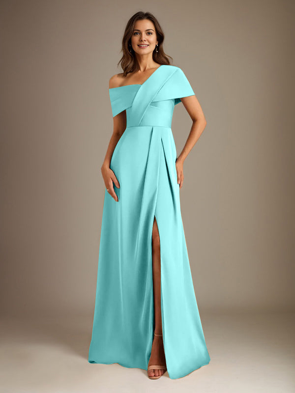 A-Linien asymmetrischer Ausschnitt bodenlanges Satin-Brautkleid für die Brautmutter mit Falten