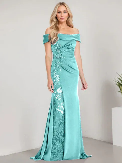 A-Linien Schulterfreies bodenlanges Brautmutterkleid mit Applikationen und Perlenbesatz Meerjungfrauenkleid mit hohem Schlitz