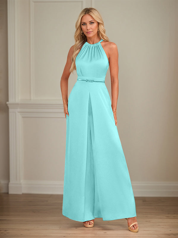 Jumpsuits Neckholder bodenlanges Satin Hochzeitskleid