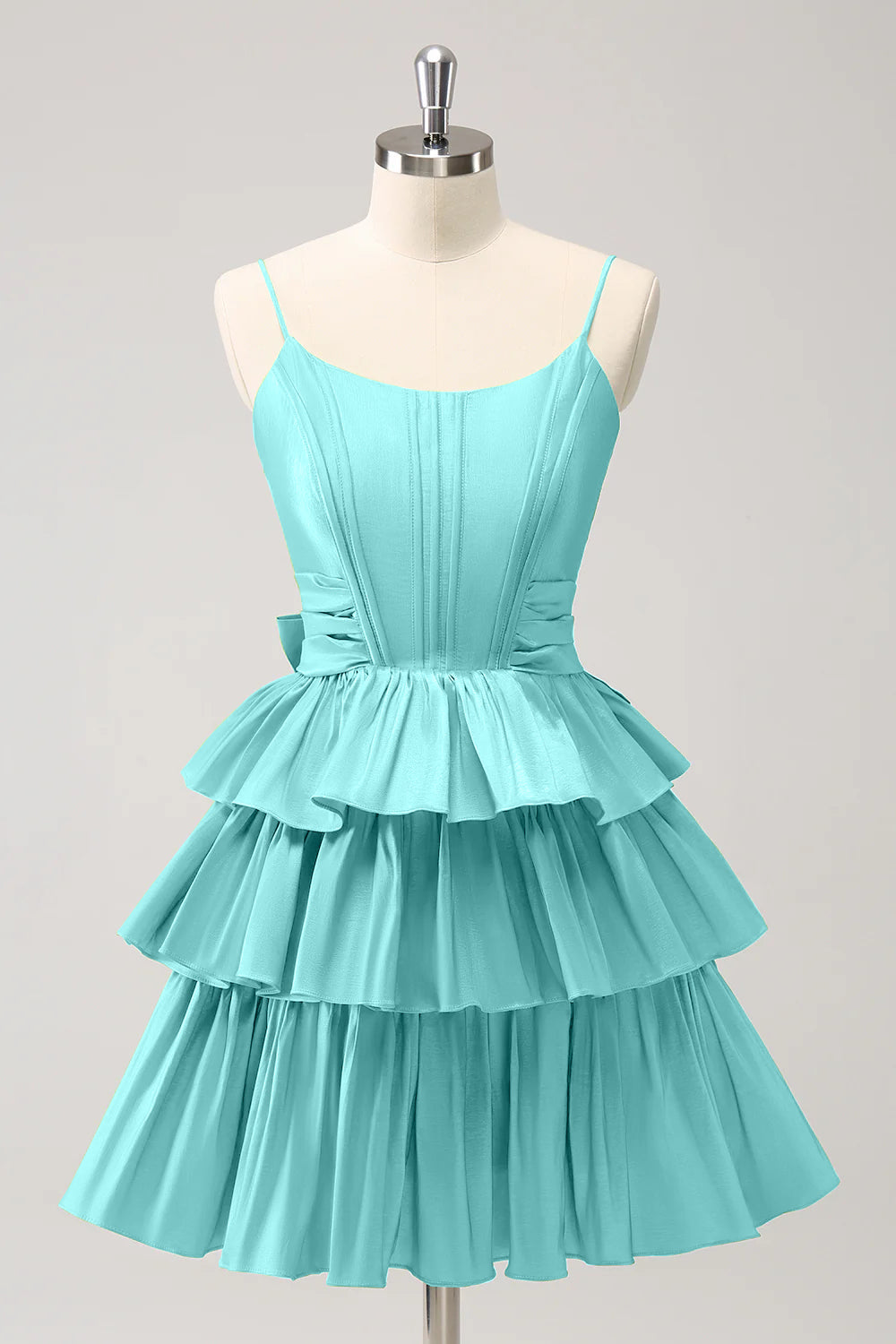 A-Linien Corsagen-Kleid mit Spaghettiträgern, gestuften Rüschen und Schleife für den Abschlussball
