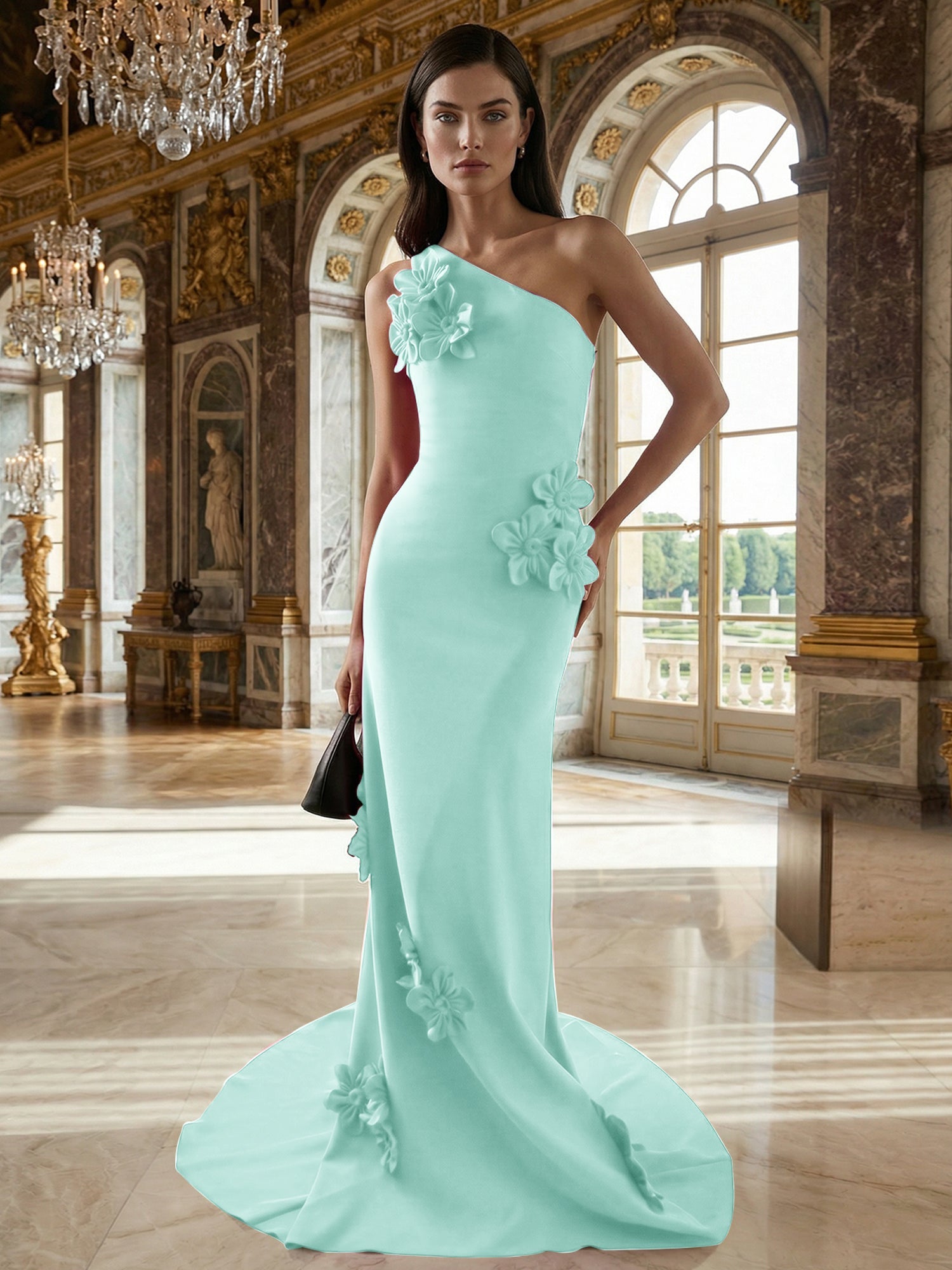 A Line One Shoulder Sleeveless Floor Length Stretch Crepe Dress With 3D Flowers