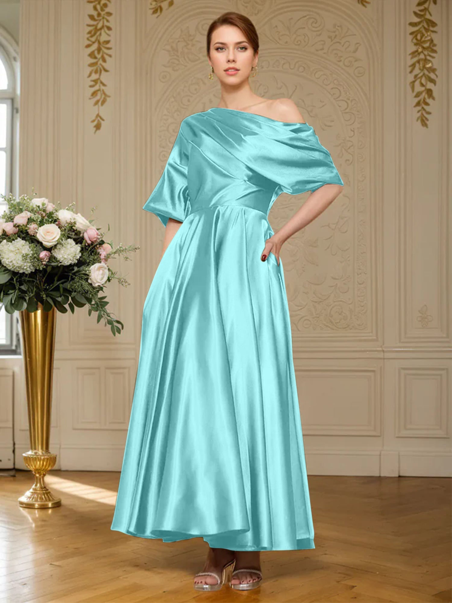 A-Linien Kurzarm plissiertes knöchellanges seidenähnliches Satin Kleid für die Brautmutter