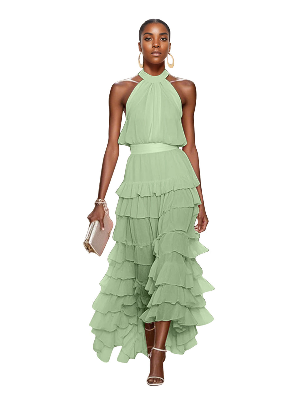 A Line Pink Chiffon Halter Neck Sleeveless Ankle Length Dress With Cascading Ruffles