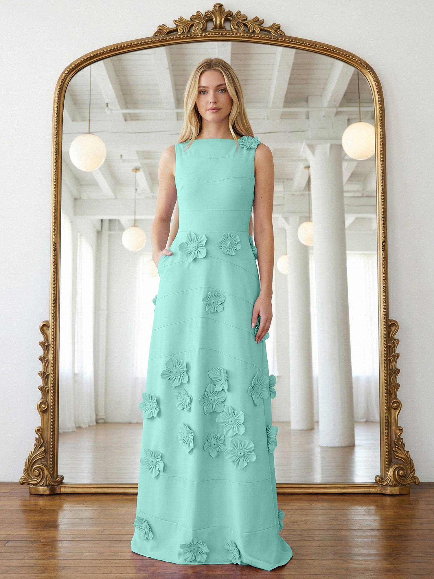 Lavendelfarbenes formelles Kleid mit U-Boot-Ausschnitt und herabfließenden 3D-Blumen