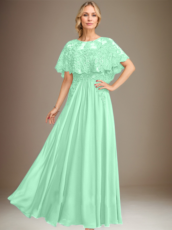 A-Linien Spitzen-Chiffon-Mutter-der-Braut-Kleid mit Bootsausschnitt, bodenlang und Applikations-Pailletten