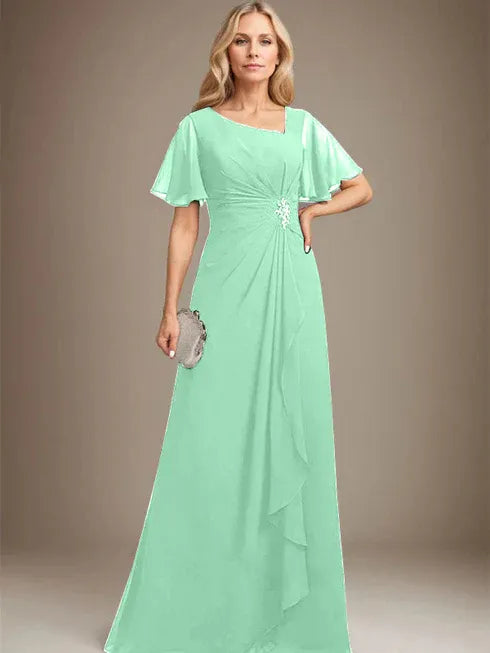 A-Linien asymmetrisches bodenlanges Chiffon Mutter-der-Braut-Kleid mit plissierten Perlen und Pailletten
