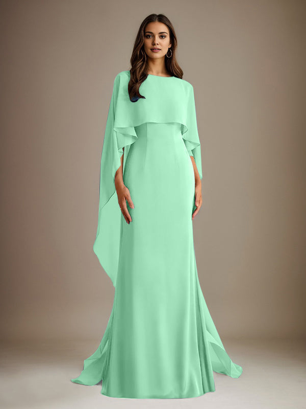Etuikleid/Säulenkleid Bootsausschnitt bodenlanges Chiffon Mutter-des-Braut-Kleid mit kaskadierenden Rüschen
