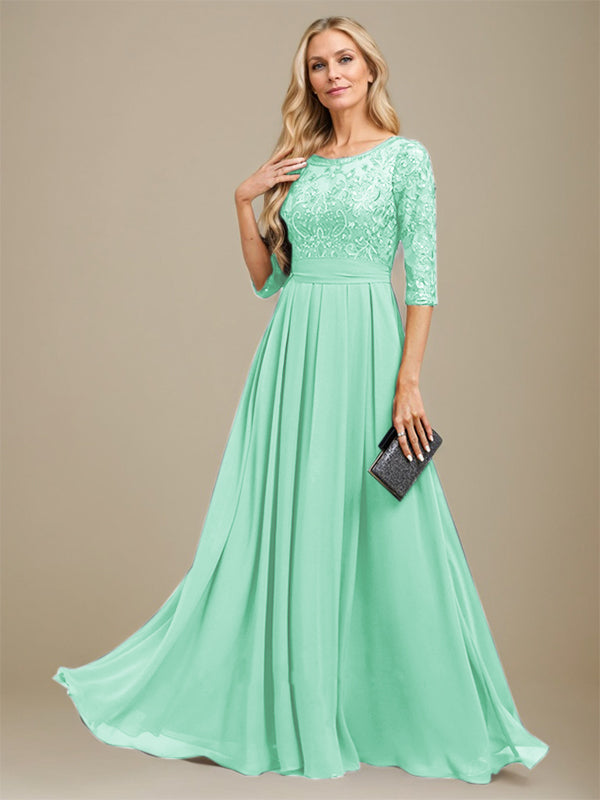 A-Line Scoop Floor-Length Lace Chiffon Mother Of the Bride Dress With Sequins Applique