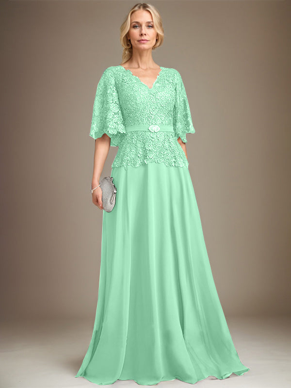 A-Linien V-Ausschnitt Bodenlanges Chiffon-Spitzen Mutter-der-Braut-Kleid mit Kristallbrosche und Strass