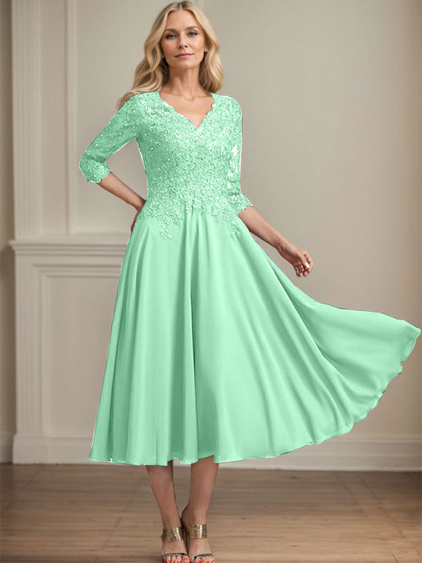 Robe de mère de la mariée en mousseline longueur thé, ligne A, col en V, en dentelle avec perles et sequins