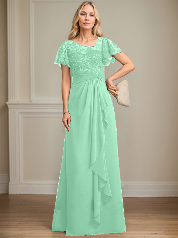 A-Linie asymmetrisches Illusions bodenlanges Spitzen-Chiffon Brautmutterkleid mit kaskadierenden Volants und Pailletten