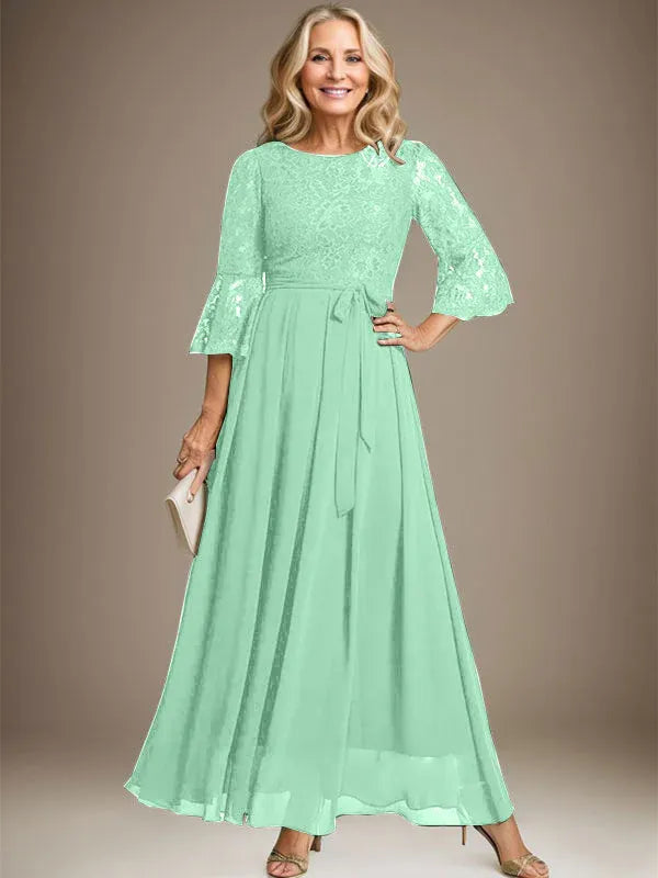 A-line Scoop Ankle-Length Lace Chiffon Mother of the Bride Dress With Bow
