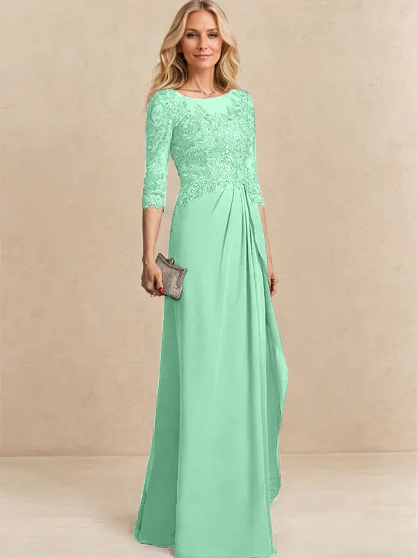 Vestido para la madre de la novia línea A con escote redondo ilusión, largo hasta el suelo, de gasa y encaje con cuentas, lentejuelas y volantes en cascada