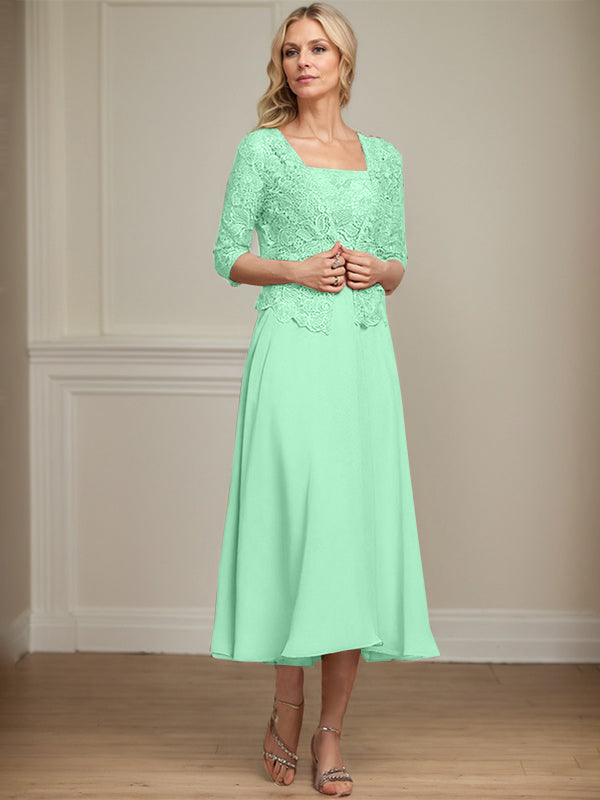 Robe de mère de la mariée en mousseline et dentelle ligne A longueur thé avec perles et sequins