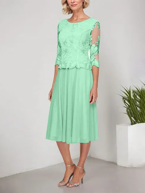 A-Linie Rundhals Tee-Länge Spitze Chiffon Mutter-der-Braut-Kleid mit Stickerei
