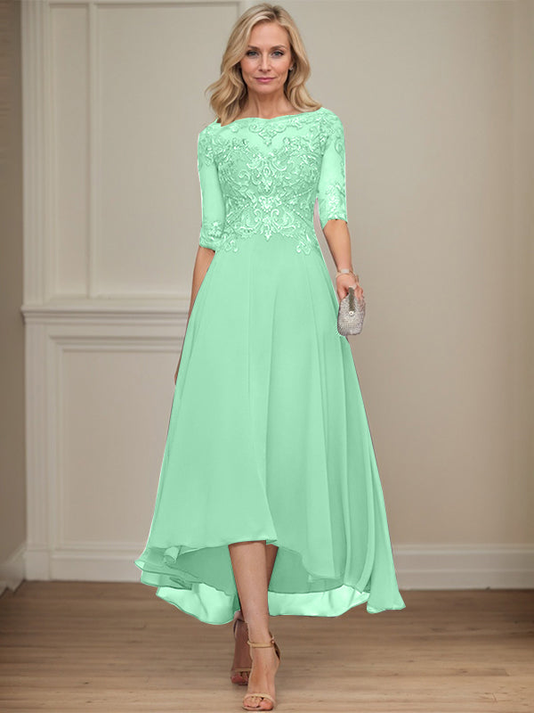 A-Linien Bootsausschnitt Illusionskleid mit asymmetrischem Chiffon-Spitzenstoff, Mutter-der-Braut-Kleid mit Paillettenperlen