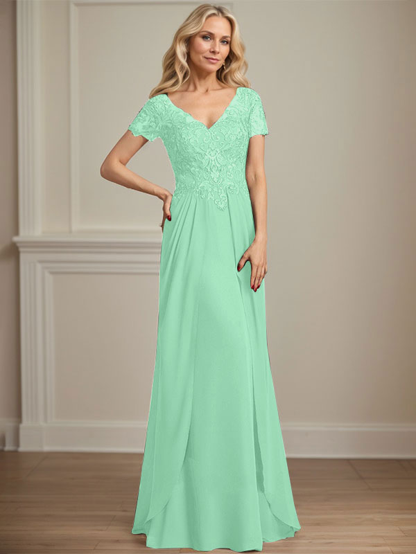 A-Linien Chiffon-Spitzen-Mutter-der-Braut-Kleid mit V-Ausschnitt, bodenlang