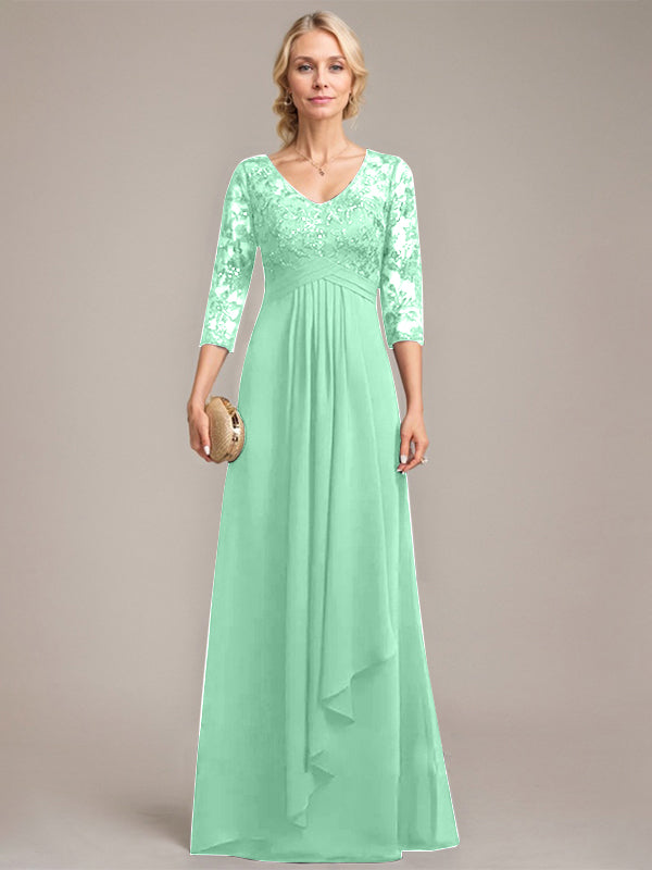 A-Linien V-Ausschnitt bodenlanges Spitzen-Chiffonkleid für die Mutter der Braut mit kaskadierenden Rüschen und Pailletten