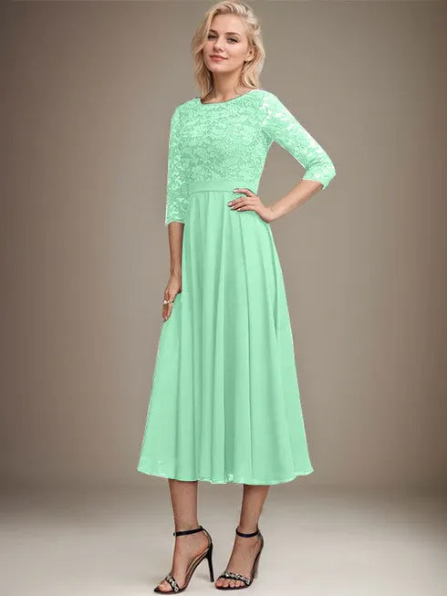 A-Linien Spitzen-Chiffon-Brautmutterkleid mit V-Ausschnitt, tea-length, mit Pailletten