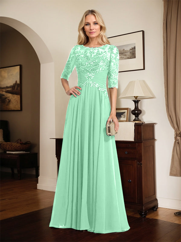 A-Linien Ausschnitt Illusions-Bodenlanges Chiffon-Spitzenkleid für die Mutter der Braut mit plissierten Pailletten