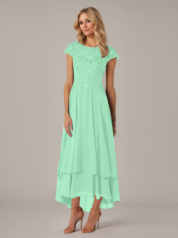 A-Linien Boot-Ausschnitt Illusions asymmetrisches Chiffon-Spitzen Mutterkleid der Braut mit Applikationsfalten