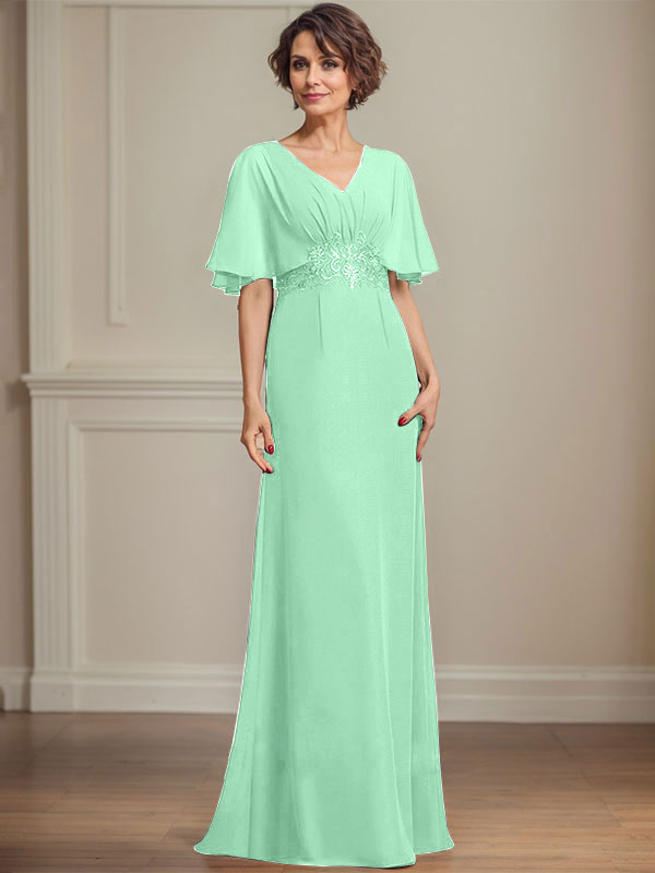 A-Linien Chiffon Mutter-der-Braut-Kleid mit V-Ausschnitt, bodenlang, mit plissierten Pailletten-Applikationen und Spitze