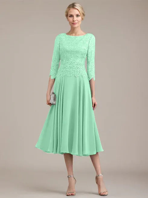 A-Linien Kleid mit Rundhalsausschnitt, tea-länge, Spitze und Chiffon, Mutter der Braut Kleid