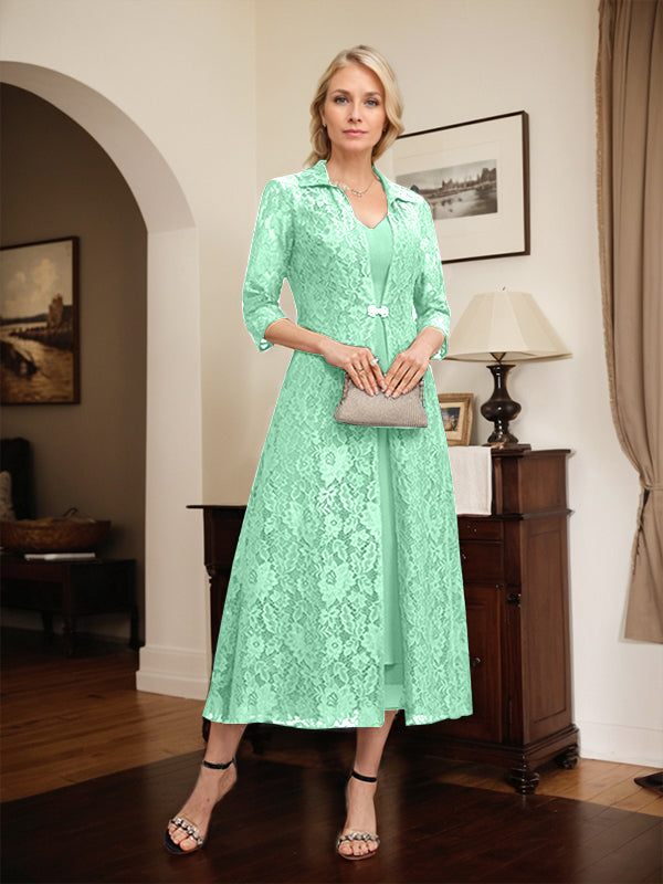 Robe mère de la mariée en mousseline longueur thé à encolure en V et coupe trapèze