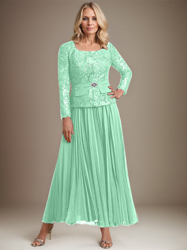 A-Linien-Kleid mit quadratischem Ausschnitt, knöchellang, Chiffon, Mutter der Braut, mit Falten