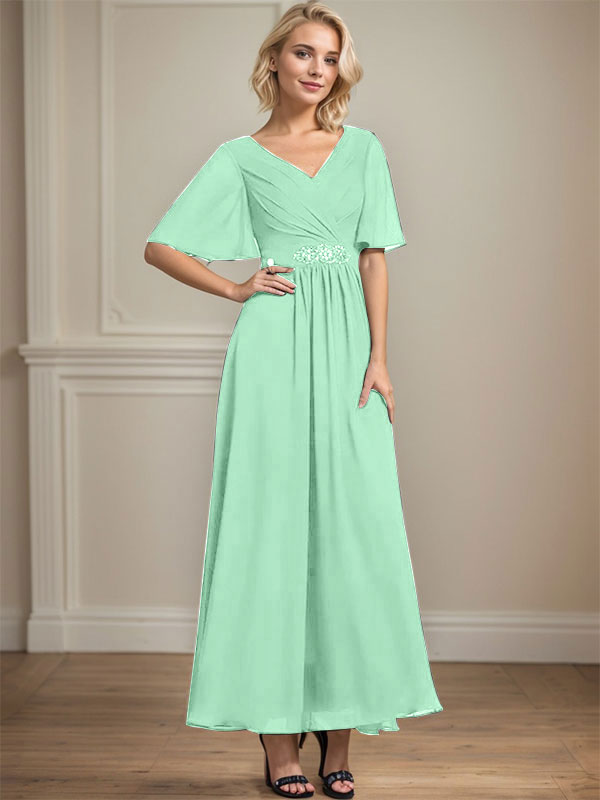A-Linien V-Ausschnitt Knöchellanges Chiffon Kleid für die Brautmutter mit plissierten Perlen und Pailletten