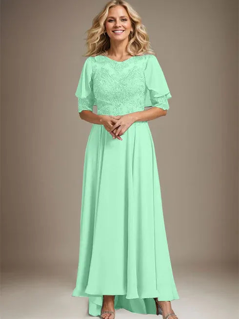 A-Linien Kleid mit Scoop-Ausschnitt, Illusion, asymmetrischem Chiffon und Spitzen, Mutter-der-Braut-Kleid mit Perlenbesatz