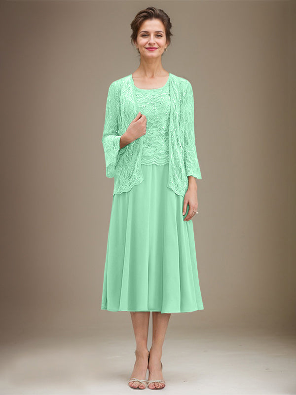 A-Linien Spitzen-Chiffon-Brautmutterkleid mit V-Ausschnitt, tea-length, mit Pailletten